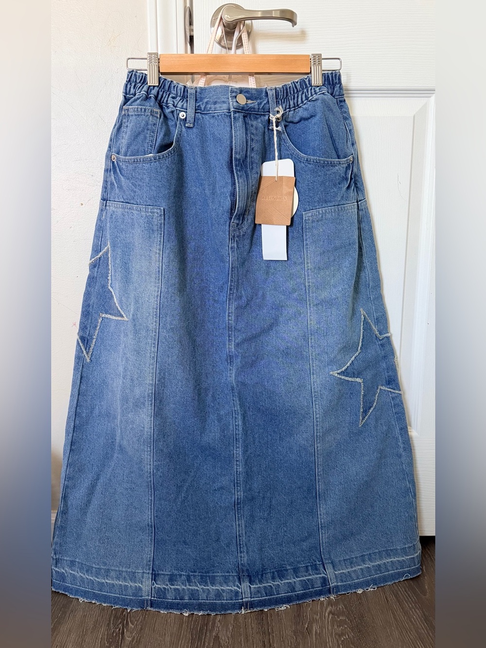 Denim Star Embroidered Maxi Skirt